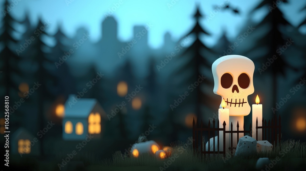 Spooky Halloween Skull with Candles and Village Background Spooky Halloween Skull with Candles and Village Background