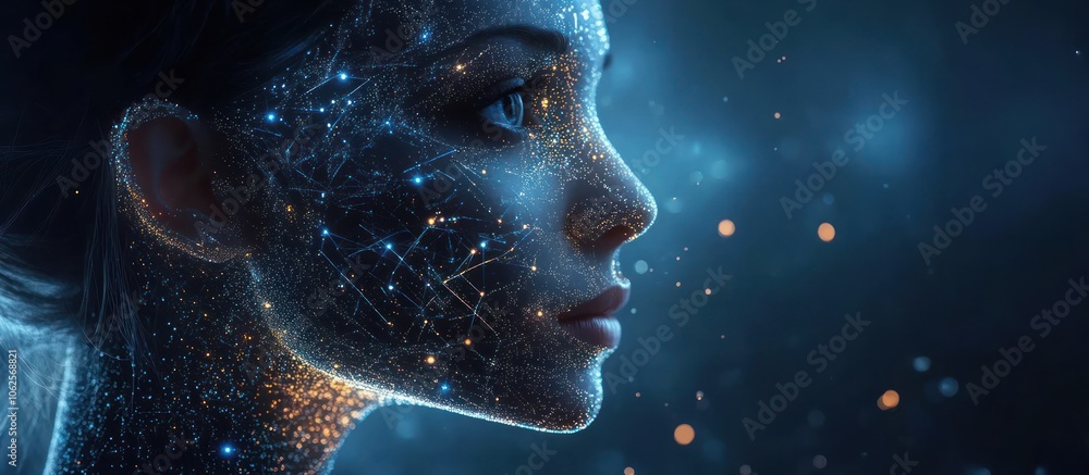 Digital art of a woman's face with glowing blue and gold lines and dots, on a dark blue background with bokeh.