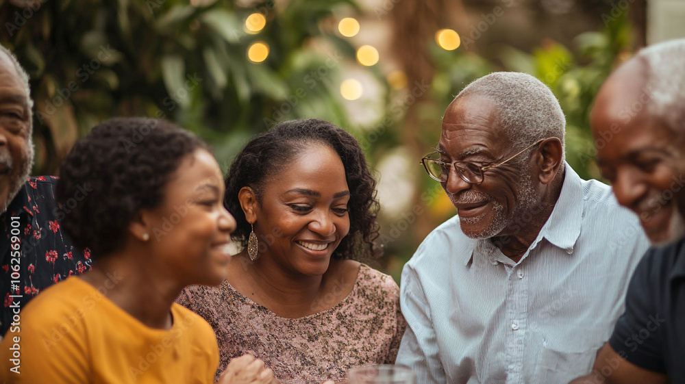 Seniors enjoying a joyful gathering in a lush garden during an evening celebration Seniors enjoying a joyful gathering in a lush garden during an evening celebration