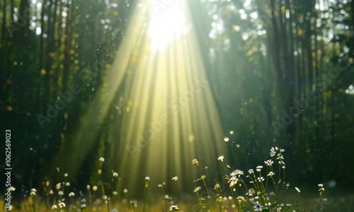Sunbeams illuminate a field of delicate white wildflowers in a lush green forest.