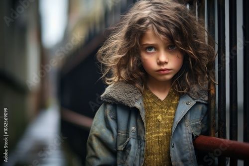 Portrait of a sad little girl with curly hair in a city street