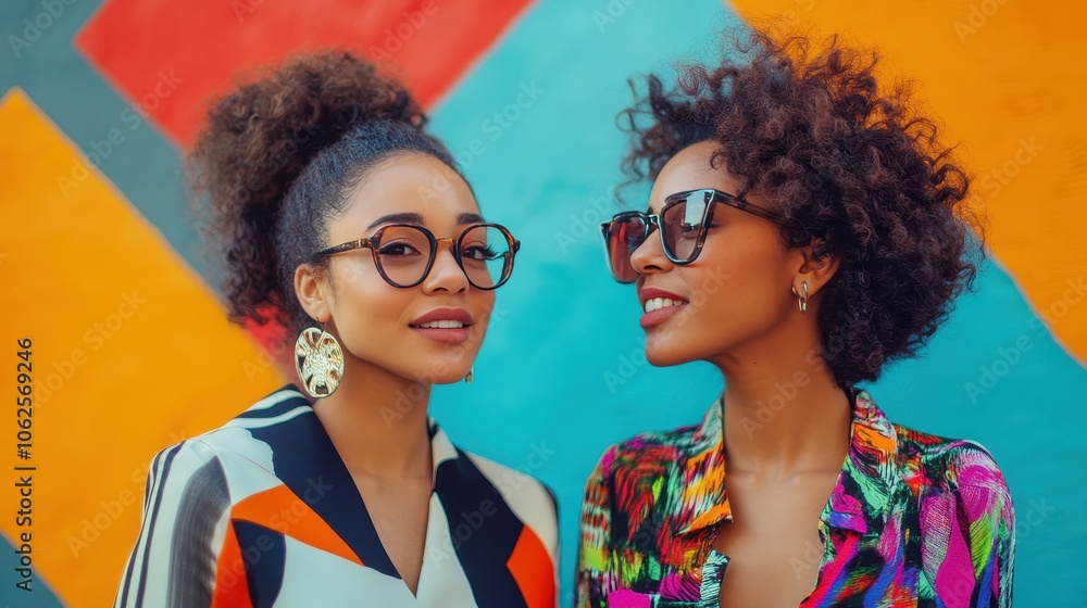 Obraz premium two women dressed in expressive, stylish clothing, asking the other a question