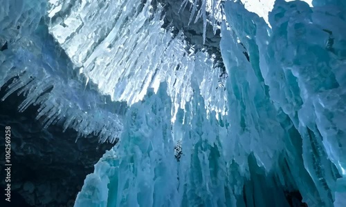 Sun shines through a frozen ice cave.