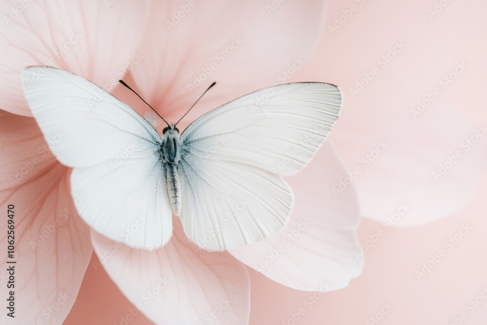 White butterfly resting on a soft pink flower petal. White butterfly resting on a soft pink flower petal.