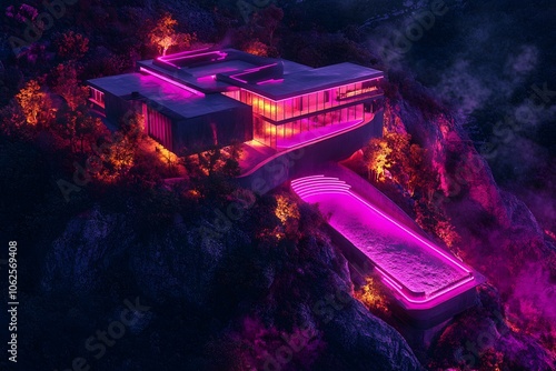 Drone photography of a hillside mansion with a glowing underlit pool, blending modern architecture with sci-fi aesthetics, 4k resolution photo