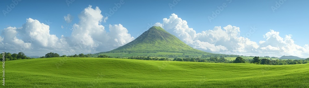 Lush Green Meadow with Majestic Mountain Peak and White Clouds Lush Green Meadow with Majestic Mountain Peak and White Clouds