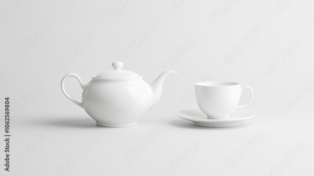 A white teapot and a white teacup on a saucer. A white teapot and a white teacup on a saucer.