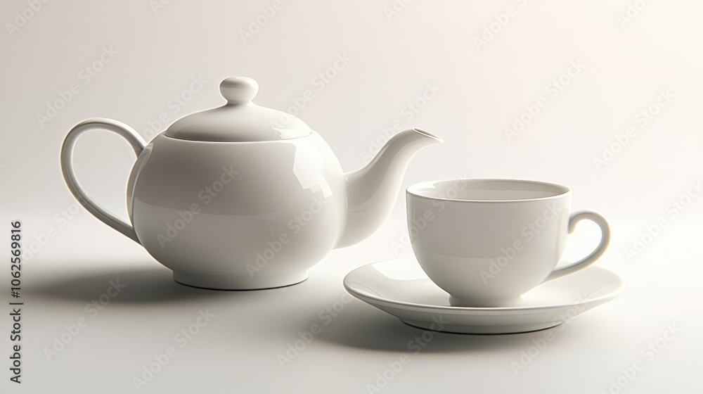 A white tea pot and cup on a saucer, both made of smooth porcelain. A white tea pot and cup on a saucer, both made of smooth porcelain.
