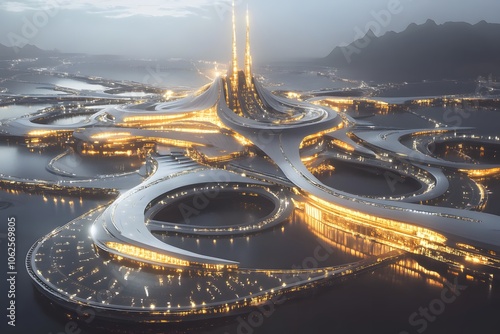 Drone photography of a futuristic spaceport city with sleek architecture and a network of illuminated walkways, 4k resolution photo