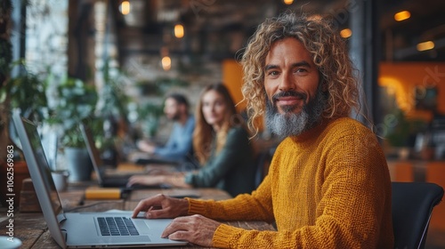 A man with long curly grey hair and a beard smiles at the camera while sitting at a desk in an office, using a laptop.