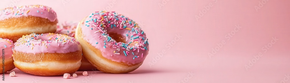 Delicious Pink Glazed Donuts with Sprinkles on Pink Background Delicious Pink Glazed Donuts with Sprinkles on Pink Background
