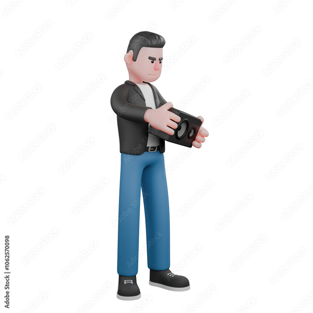 3D Character of Cartoon Music Artist. A male musician stands holding a speaker in his hand with a serious expression. Vocal Performer 3D Character of Cartoon Music Artist. A male musician stands holding a speaker in his hand with a serious expression. Vocal Performer