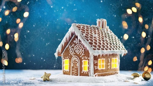 Snowy Night: Gingerbread House with Shimmering Stars in Winter Wonderland