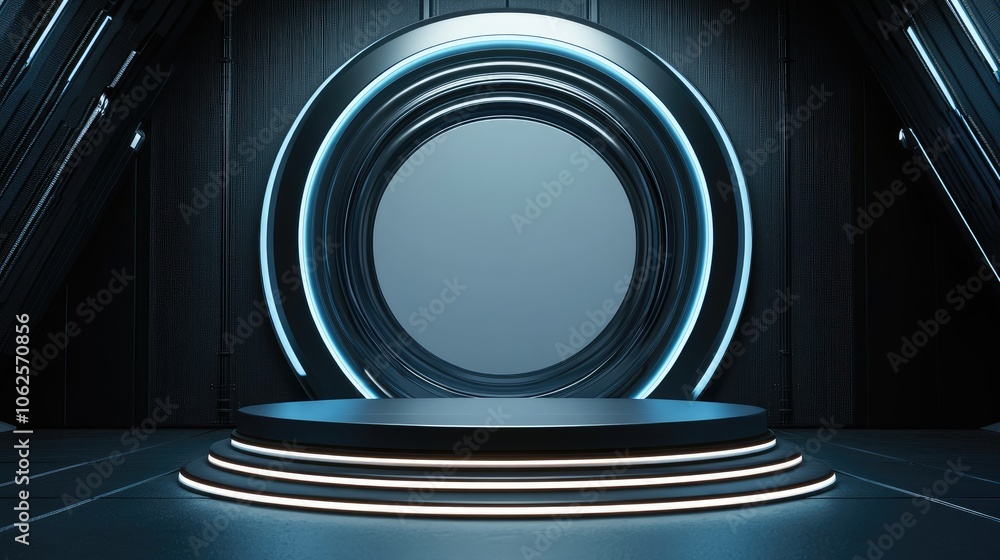 Naklejka premium Futuristic Platform With Circular Neon Light Frame