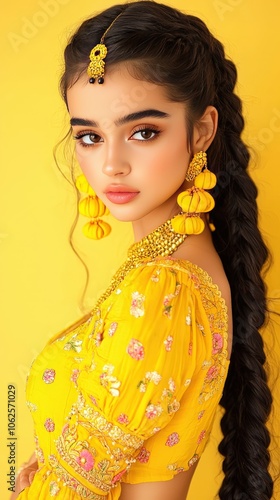 Beautiful Indian Woman in Yellow Anarkali Dress with Jewelry for Festival photo