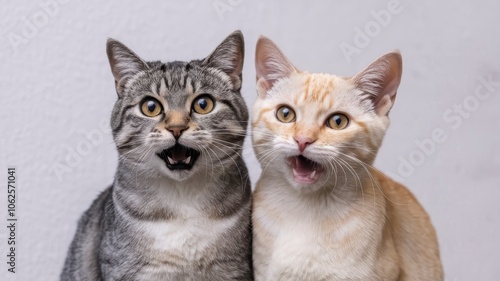 Gray and Orange Tabby Cats with Open Mouths, Light Background