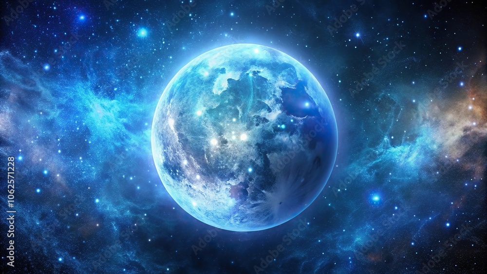 Wide-angle blue moon in outer space with colorful nebula and twinkling stars Wide-angle blue moon in outer space with colorful nebula and twinkling stars