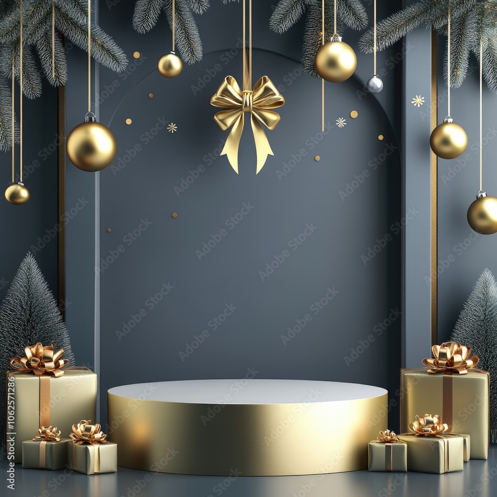 Golden Christmas Decor with a Pedestal and Gifts Golden Christmas Decor with a Pedestal and Gifts