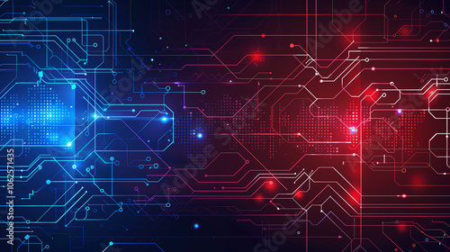 Advanced tech background with red and blue holographic HUD elements, cascading coding lines, and glowing circuits, creating a digital sci-fi feel.