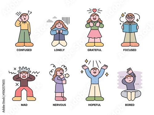 A collection of iconic human characters expressing positive and negative emotions.4 outline simple vector illustration.