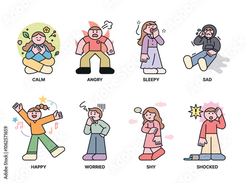 A collection of iconic human characters expressing positive and negative emotions.1 outline simple vector illustration.