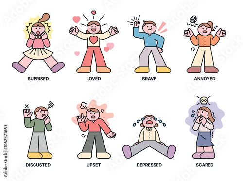 A collection of iconic human characters expressing positive and negative emotions.3 outline simple vector illustration.