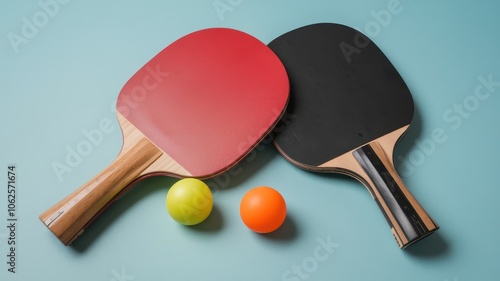 Two badminton rackets with colorful shuttlecocks on blue background