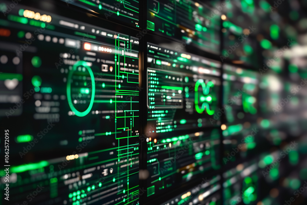 Futuristic wallpaper featuring floating panels of data with virtual elements, green code strings, and holographic light effects against a black background. Futuristic wallpaper featuring floating panels of data with virtual elements, green code strings, and holographic light effects against a black background.