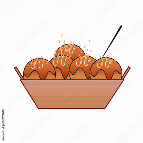 illustration of takoyaki in a carrier complete with takoyaki sauce, sliced topping crumbs, and a stick to eat the takoyaki