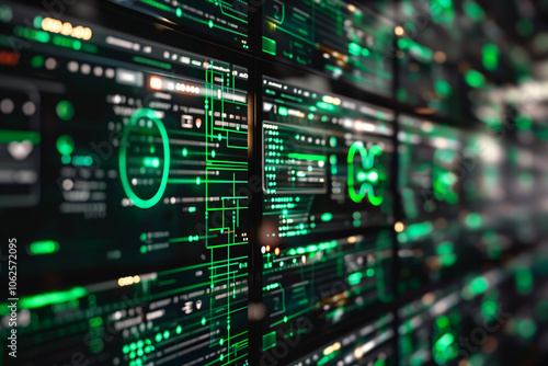 Futuristic wallpaper featuring floating panels of data with virtual elements, green code strings, and holographic light effects against a black background.