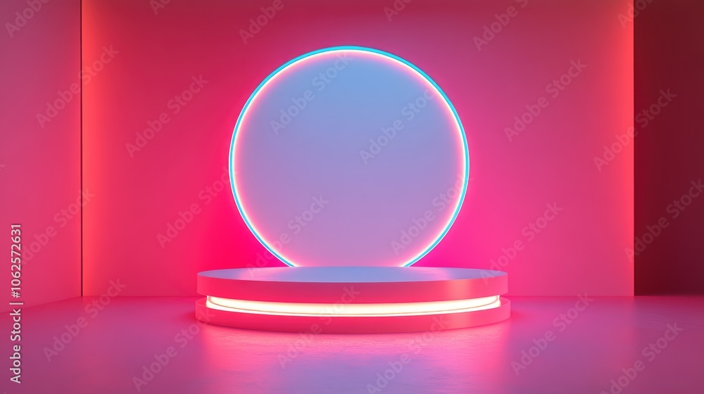 Neon Lit Round Platform with a White Oval Behind it Neon Lit Round Platform with a White Oval Behind it