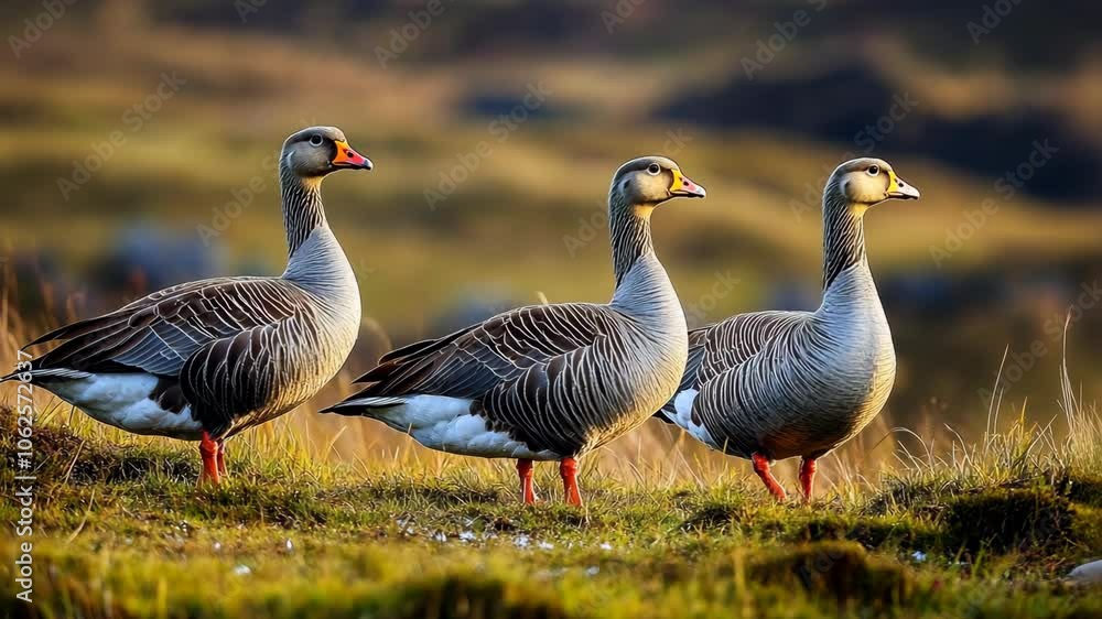 Three geese stand in a grassy field during the day Three geese stand in a grassy field during the day