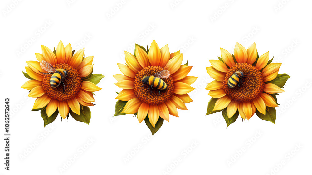 Obraz premium Set of lifelike sunflowers with intricate petals and a bee resting on the center, highlighting nature’s beauty and harmony, isolated on transparent PNG background