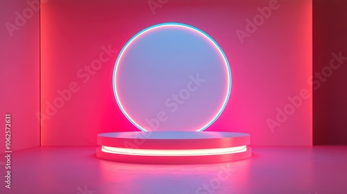 Neon Lit Round Platform with a White Oval Behind it