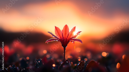 A single bright flower stands tall with dew drops glistening on its petals, illuminated beautifully by the warm colors of a setting sun. The background features soft hues blending into twilight.
