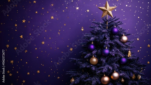 Purple christmas tree with gold ornaments, star topper, on purple background with gold stars
