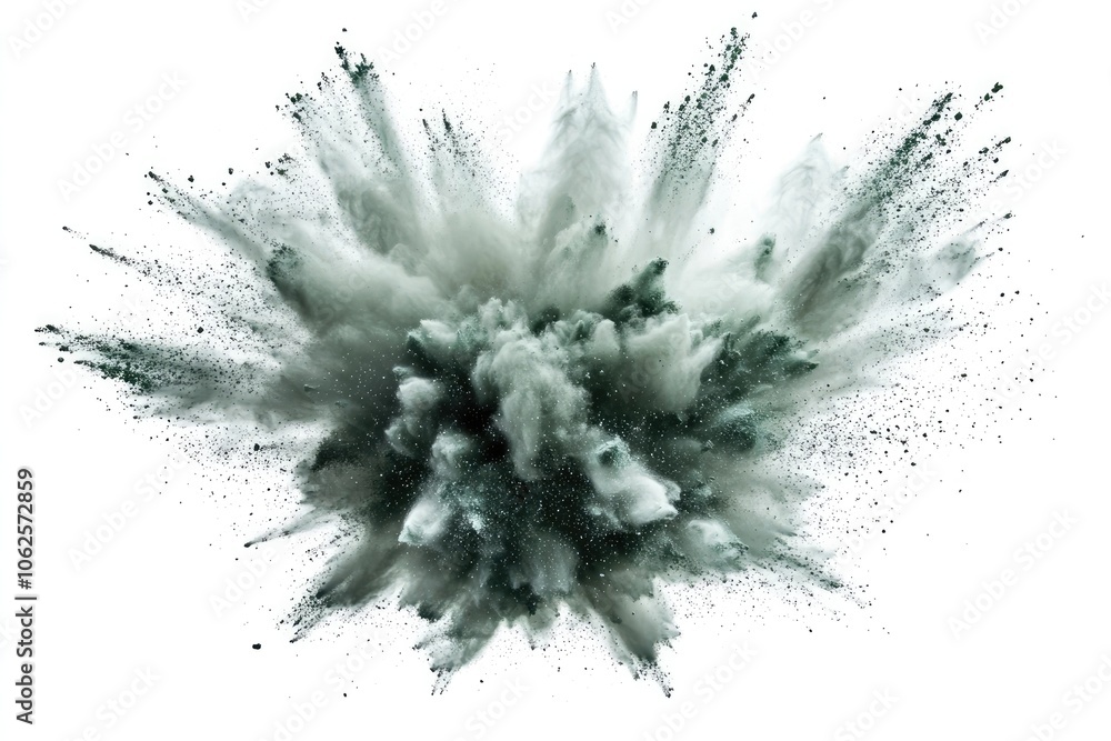 Dynamic green powder explosion on white background with multi-level bursts and varying particle sizes, highlighting central density and radiating patterns. Dynamic green powder explosion on white background with multi-level bursts and varying particle sizes, highlighting central density and radiating patterns.