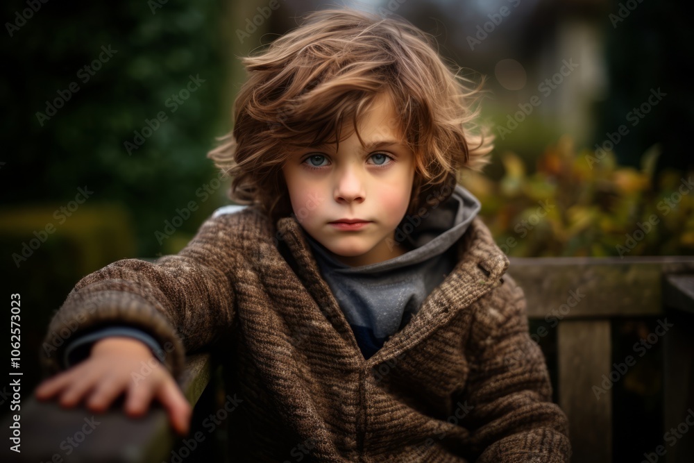 Cute little boy with blue eyes and brown coat in autumn park Cute little boy with blue eyes and brown coat in autumn park