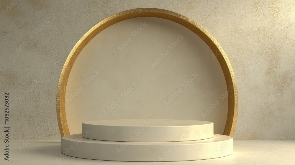 Two-Tiered Circular Pedestal with Golden Archway Against Textured Wall Two-Tiered Circular Pedestal with Golden Archway Against Textured Wall