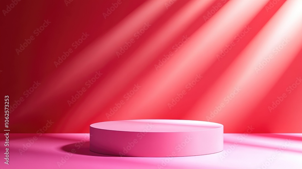 Pink Cylindrical Platform with Diagonal Light Rays Against a Red Background Pink Cylindrical Platform with Diagonal Light Rays Against a Red Background