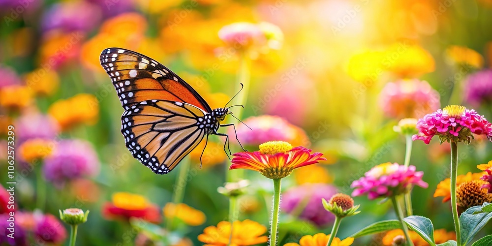 Fototapeta premium Wide-angle butterfly perched on blooming flower garden scene