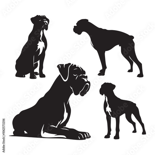 Silhouette set of boxer dog on white background