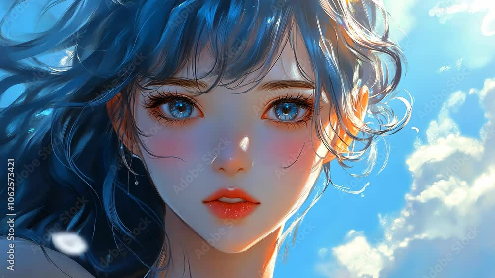 A young woman with blue eyes and long, flowing hair gazes out at the clouds on a sunny day