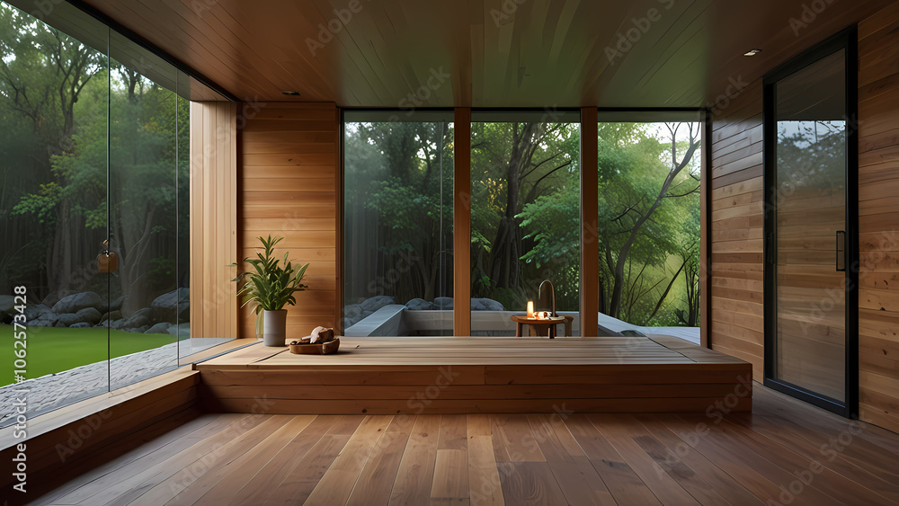 serene and calming sauna environment. The scene should feature a cozy wooden interior with warm, soft lighting that highlights the natural wood textures serene and calming sauna environment. The scene should feature a cozy wooden interior with warm, soft lighting that highlights the natural wood textures