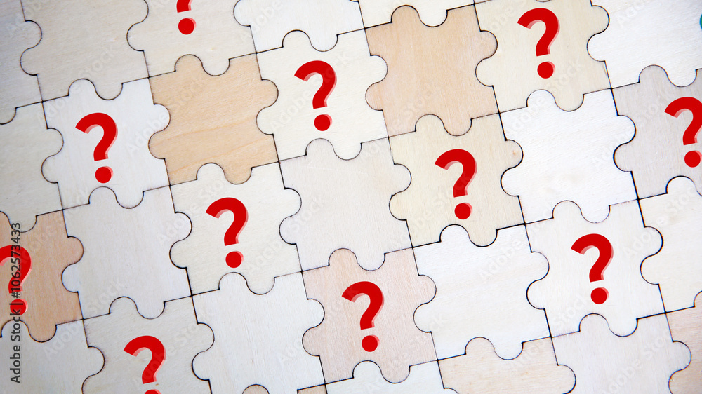 Fototapeta premium question markwooden puzzle with question mark icon and idea. solution concept. Q and A Concept. Idea And no idea. question Mark And idea. problem solving concept. on wall