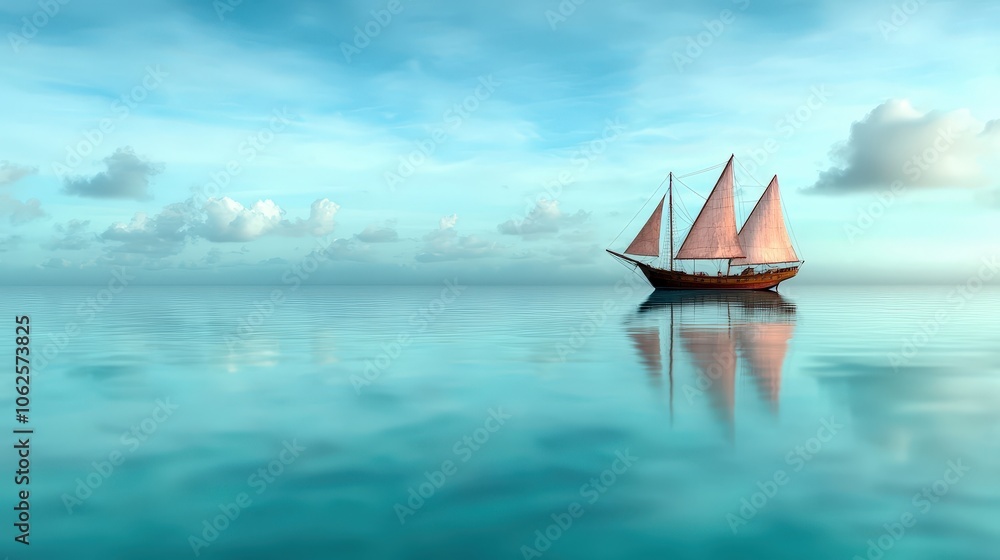 Sailboat on Calm Ocean with Blue Sky and Clouds