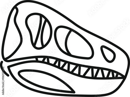 Drawing of a dinosaur skull fossil isolated on white background, showing sharp teeth and eye sockets