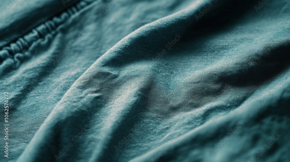Close-up of soft, wrinkled teal fabric with a smooth texture and gentle folds. Close-up of soft, wrinkled teal fabric with a smooth texture and gentle folds.