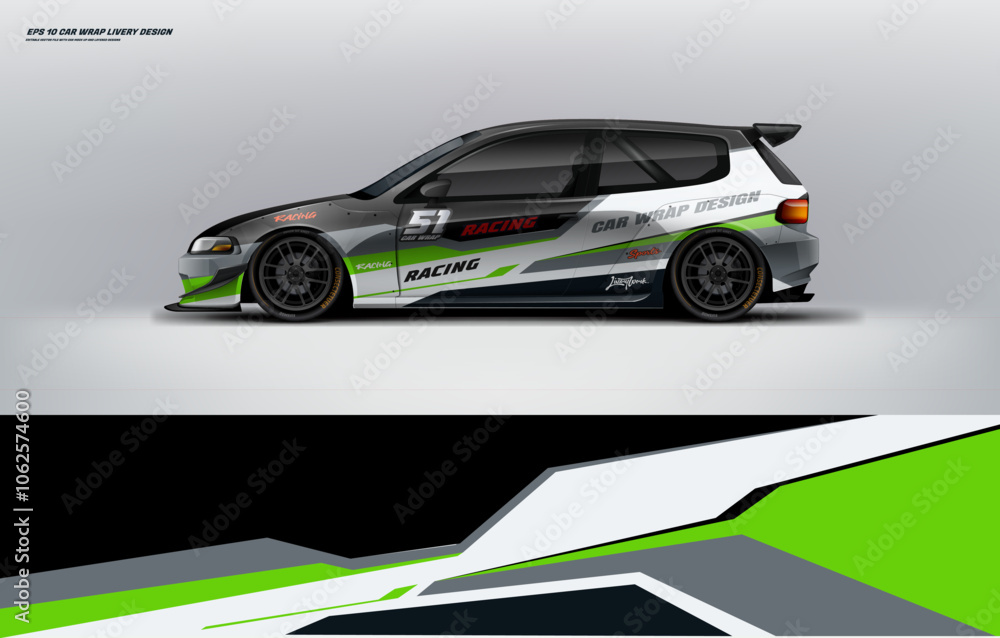 Racing Car branding with racing wrap decal or livery design. Abstract racing graphics green white and black with backround. Editable vector template Racing Car branding with racing wrap decal or livery design. Abstract racing graphics green white and black with backround. Editable vector template