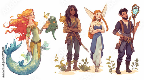 Game characters, featuring a merfolk healer, a dwarven blacksmith, a fairy ranger, and a warlock. Healer Fairy. Illustration photo